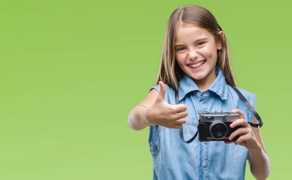 Young Beautiful Girl Taking Photos Using Vintage Camera Isolated Background — Stock Photo, Image