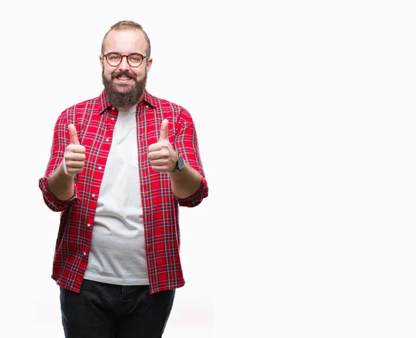 Young Caucasian Hipster Man Wearing Glasses Isolated Background Doing Happy — Stock Photo, Image
