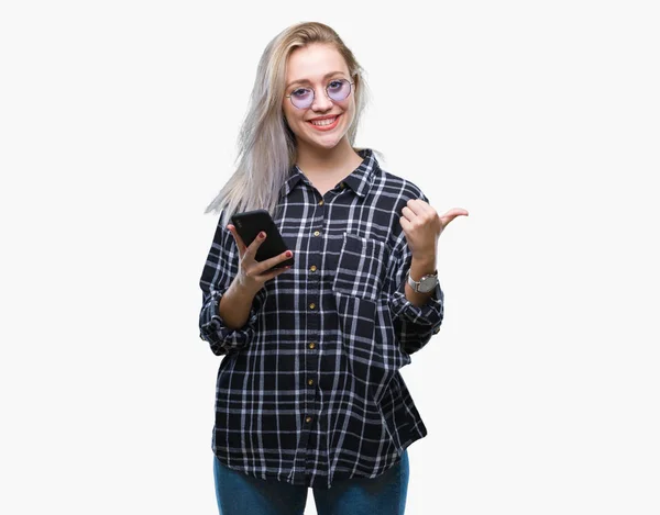 Jeune Femme Blonde Envoyer Message Par Sms Aide Smartphone Sur — Photo