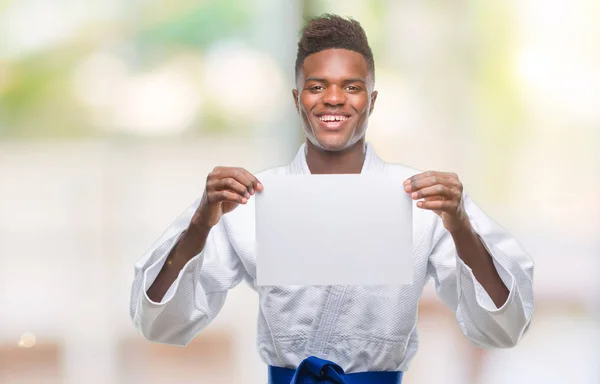 Young African American Man Isolated Background Wearing Kimono Holding Paper — Stock Photo, Image