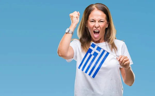 Middelbare Leeftijd Spaanse Vrouw Bedrijf Vlag Van Griekenland Geïsoleerde Achtergrond — Stockfoto