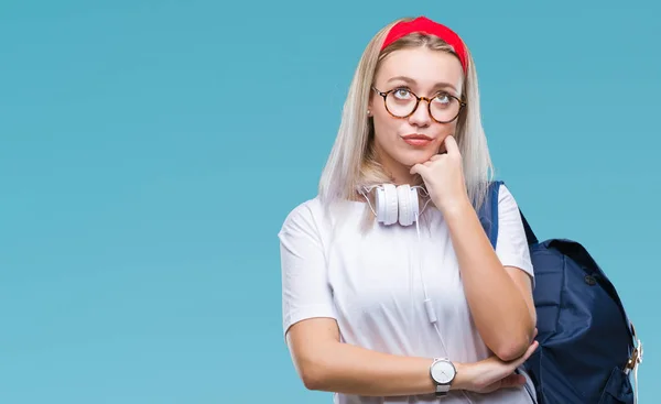 Ung Blond Student Kvinna Bär Glasögon Och Ryggsäck Över Isolerade — Stockfoto