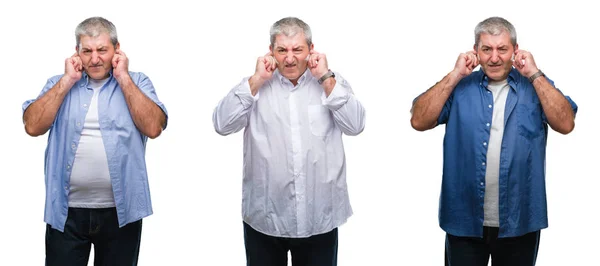Collage Senior Hoary Man White Isolated Backgroud Covering Ears Fingers —  Fotos de Stock