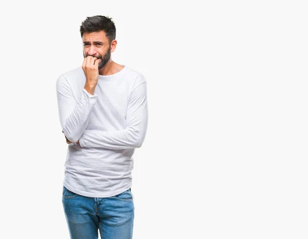 Hombre Hispano Adulto Sobre Fondo Aislado Buscando Estresado Nervioso Con — Foto de Stock