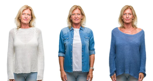 Collage Vackra Medelålders Blond Kvinna Över Vita Isolerade Backgroud Med — Stockfoto