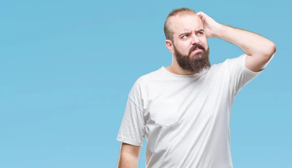 Jonge Kaukasische Hipster Man Dragen Casual Shirt Geïsoleerde Achtergrond Verwarren — Stockfoto