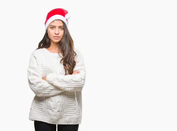 Giovane Araba Indossa Cappello Natale Sfondo Isolato Scettico Nervoso Espressione — Foto Stock