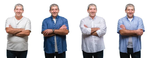 Colagem Homem Hoary Sênior Sobre Branco Isolado Backgroud Rosto Feliz — Fotografia de Stock