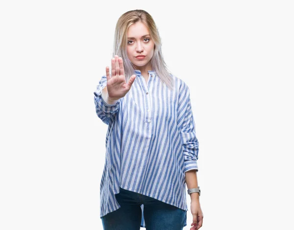 Young Blonde Woman Isolated Background Doing Stop Sing Palm Hand — Stock Photo, Image