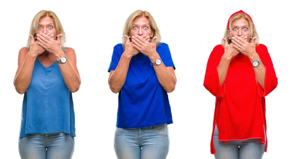 Collage Hermosa Mujer Rubia Mediana Edad Sobre Fondo Blanco Aislado —  Fotos de Stock