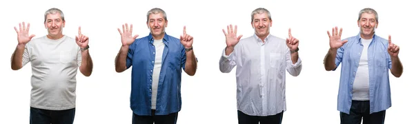 Коллаж Пожилого Седовласого Человека Над Белой Изолированной Backgroud Показывая Показывая — стоковое фото