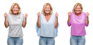 Kolaj güzel orta yaş sarışın kadın beyaz izole backgroud silah ile başarı için heyecan üzerinde bir zafer kutluyor gülümseyen kaldırdı. Kazanan kavramı.