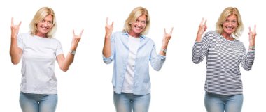 Beyaz güzel orta yaş sarışın kadın kolaj backgroud bağırarak deli ifade rock simge elle yapıyor ile izole. Müzik yıldızı. Ağır kavramı.