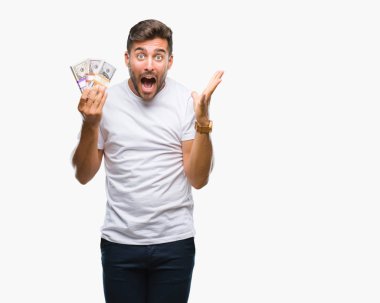 Yakışıklı delikanlı dolar yığını büyük gülümseme ile çığlık zaferini kutluyor ve ellerini kaldırdı izole arka plan çok mutlu ve heyecanlı, kazanan ifade üzerinde tutan