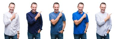 Yakışıklı üst düzey ağarmış zarif iş adamı izole arka neşeli bir gülümseme ile el ve parmak kadar kameraya bakarak yüzündeki mutlu ve doğal ifade ile yan ile işaret yüz üzerinde duran kolaj.