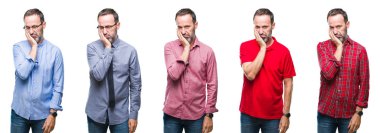 Yakışıklı zarif üst düzey ağarmış adam seyir yorgun ve bıkkın ile depresyon sorun Çapraz kollar ile izole arka plan düşünme üzerinde ayakta kolaj.