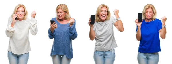 Collage Einer Schönen Blonden Frau Mittleren Alters Mit Smartphone Über — Stockfoto