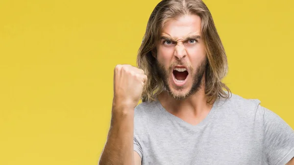 Young Handsome Man Long Hair Isolated Background Holding Football Ball — Stock Photo, Image