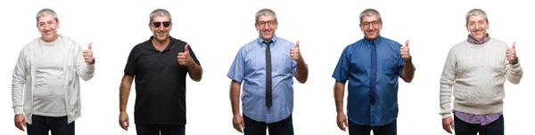 Collage Van Senior Hoary Man Witte Geïsoleerde Achtergrondgeluid Gelukkig Duimschroef — Stockfoto