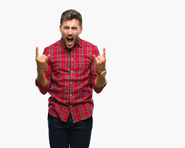 Joven Hombre Guapo Sobre Fondo Aislado Gritando Con Expresión Loca — Foto de Stock