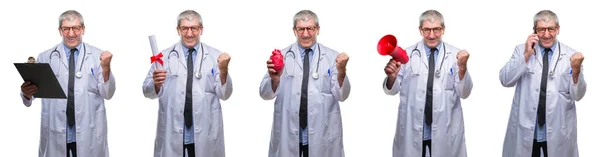Collage Senior Hoary Doctor Man White Aislado Backgroud Gritando Orgulloso — Foto de Stock