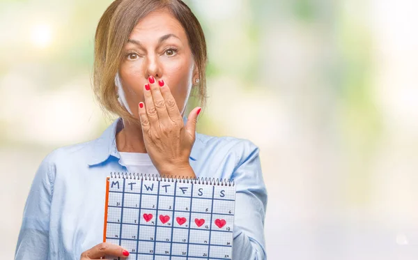 Donna Ispanica Anziana Mezza Età Che Tiene Calendario Mestruale Sfondo — Foto Stock