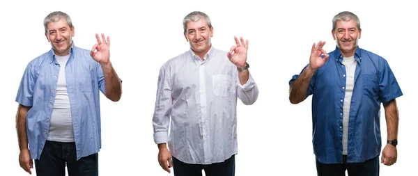 在白色孤立的背景上的老白头人拼贴画微笑积极做 符号与手和手指 成功表达式 — 图库照片