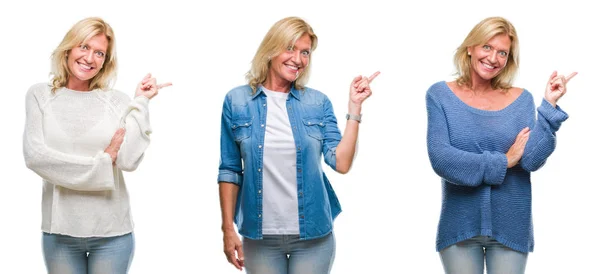 Collage Vackra Medelålders Blond Kvinna Över Vita Isolerade Backgroud Med — Stockfoto