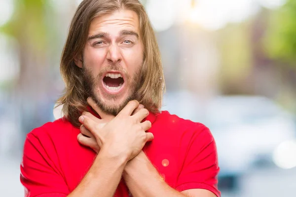 Junger Gutaussehender Mann Mit Langen Haaren Über Isoliertem Hintergrund Der — Stockfoto