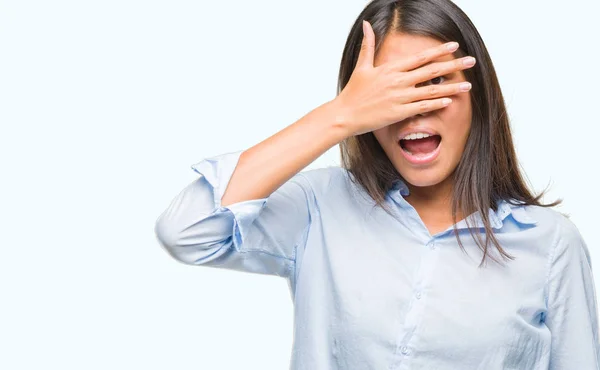 Young Asian Business Woman Isolated Background Peeking Shock Covering Face — Stock Photo, Image