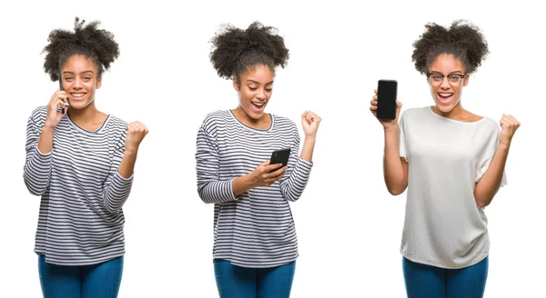 Collage Mujer Afroamericana Sosteniendo Smarpthone Sobre Fondo Aislado Gritando Orgulloso —  Fotos de Stock