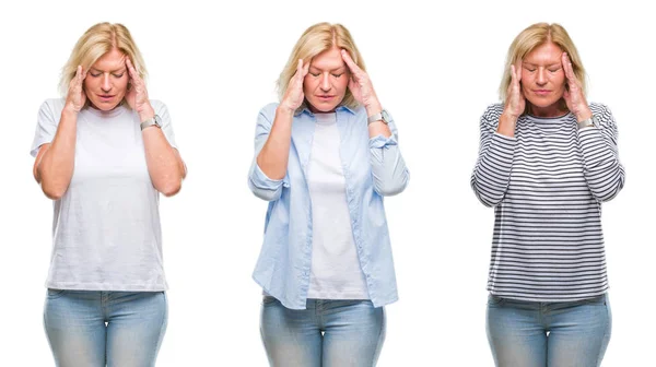 Collage Van Middenleeftijd Mooie Blonde Vrouw Witte Geïsoleerd Achtergrondgeluid Met — Stockfoto