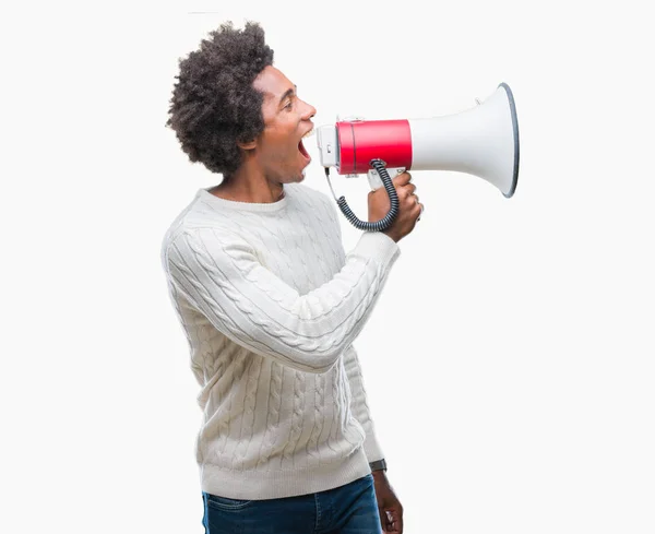 Jovem Bonito Afro Americano Preto Homem Gritando Através Megafone — Fotografia de Stock