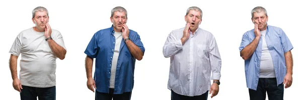 在白色孤立的背景上拼贴画的老人与手疼痛的表达由于牙痛或牙齿疾病 牙医概念 — 图库照片