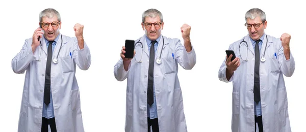 Collage Senior Hoary Doctor Man Talking Phone White Isolated Backgroud — Foto de Stock