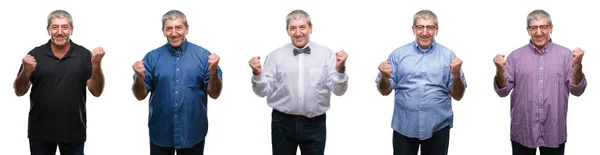 Collage Senior Hoary Man White Isolated Backgroud Very Happy Excited — Stock Photo, Image