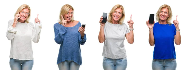 Collage Hermosa Mujer Rubia Mediana Edad Usando Teléfono Inteligente Sobre —  Fotos de Stock