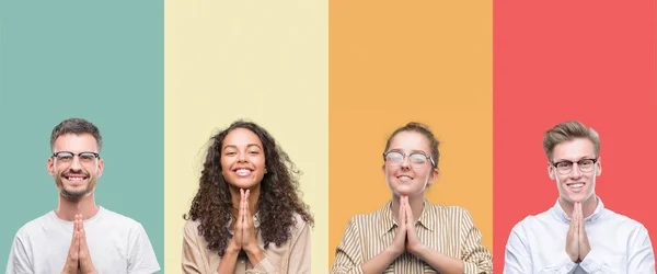 Collage Gruppo Persone Isolate Sfondo Colorato Pregando Con Mani Unite — Foto Stock