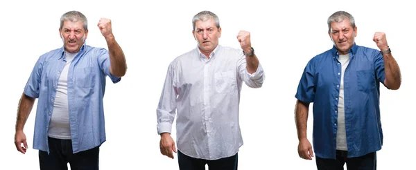 Collage Von Senior Hoary Mann Über Weißen Isolierten Hintergrund Wütend — Stockfoto
