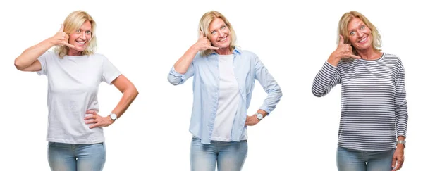 Collage Vackra Medelålders Blond Kvinna Över Vita Isolerade Backgroud Leende — Stockfoto