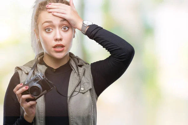 Young Blonde Woman Taking Pictures Using Vintage Camera Isolated Background — Stock Photo, Image