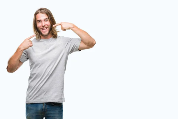 Young Handsome Man Long Hair Isolated Background Smiling Confident Showing — Stock Photo, Image