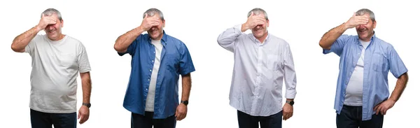 Collage Senior Hoary Man White Isolated Backgroud Smiling Laughing Hand — Stock Photo, Image