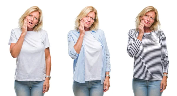 Collage Vackra Medelålders Blond Kvinna Över Vita Isolerade Backgroud Röra — Stockfoto