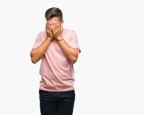 Joven Hombre Guapo Sobre Fondo Aislado Con Expresión Triste Cubriendo — Foto de Stock