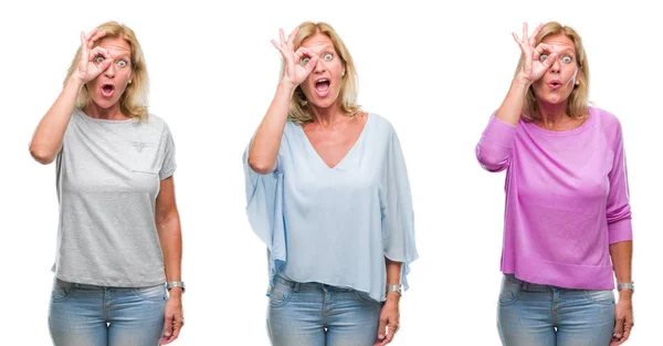 Collage Van Middenleeftijd Mooie Blonde Vrouw Witte Geïsoleerde Backgroud Doen — Stockfoto