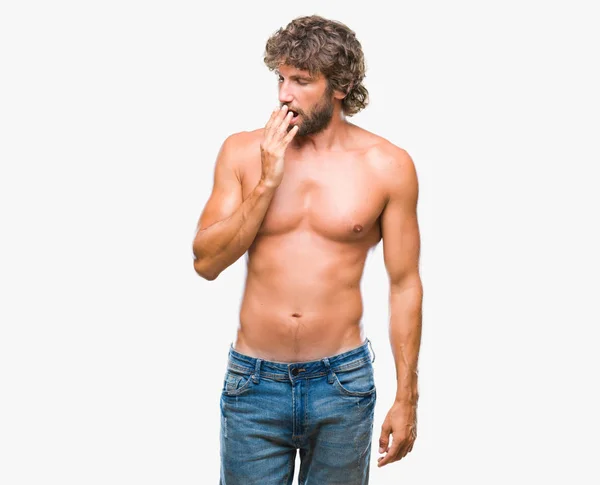 Handsome Hispanic Model Man Sexy Shirtless Isolated Background Bored Yawning — Stock Photo, Image