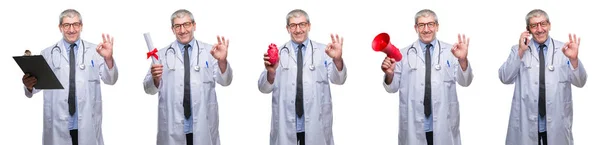 Collage Senior Hoary Doctor Man White Isolated Backgroud Doing Sign — Stock Photo, Image