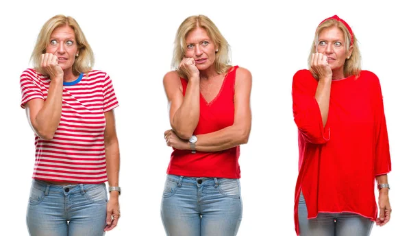 Collage Beautiful Middle Age Blonde Woman White Isolated Backgroud Looking — Stock Photo, Image