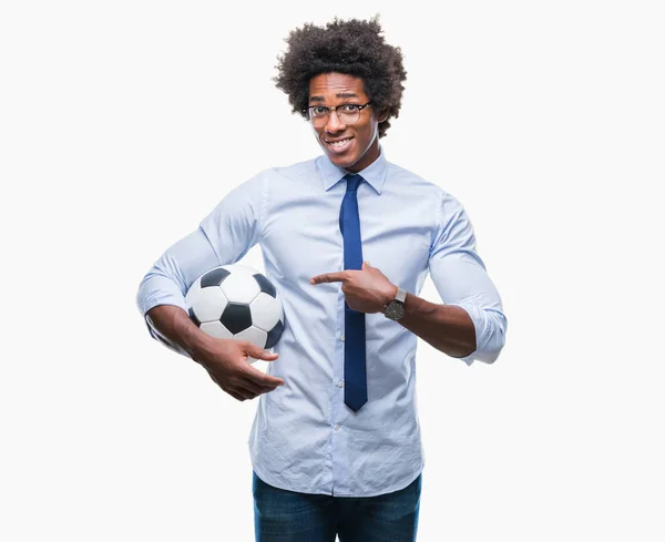 Afro Americano Manager Hombre Celebración Fútbol Pelota Sobre Aislado Fondo —  Fotos de Stock